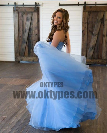 Sky Blue Sweetheart Top Lace Backless Zipper A-line Tulle Prom Dresses, TYP0580