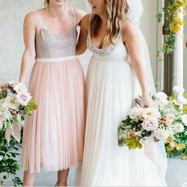 Spaghetti Straps Tea Length Pink Tulle Cheap Bridesmaid Dresses Online, TYP0991
