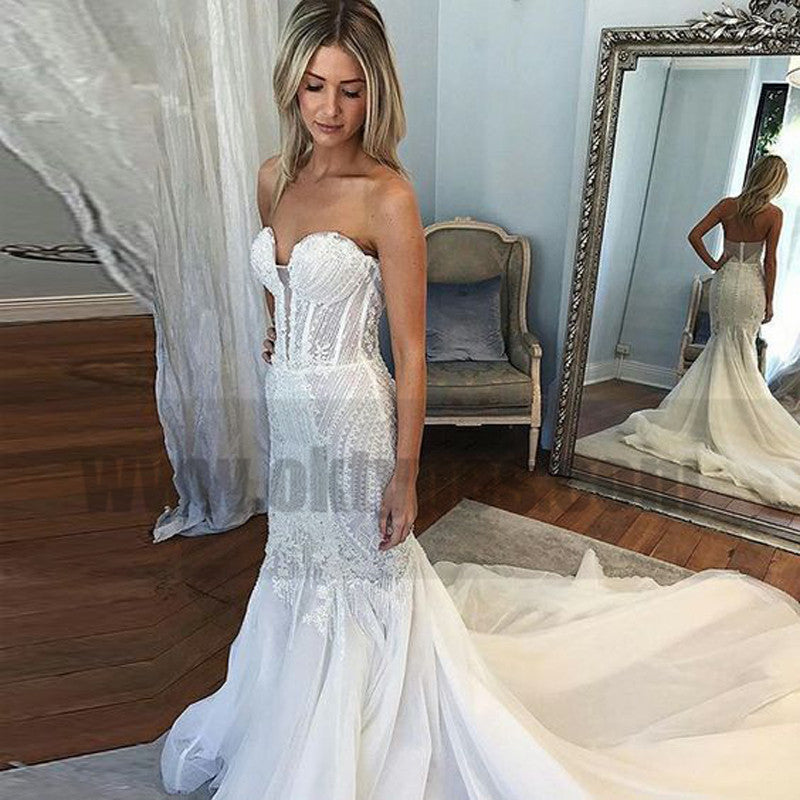 Mermaid Sweetheart Court Train Tulle Wedding Dress with Lace, Cheap Wedding Dresses, TYP0731