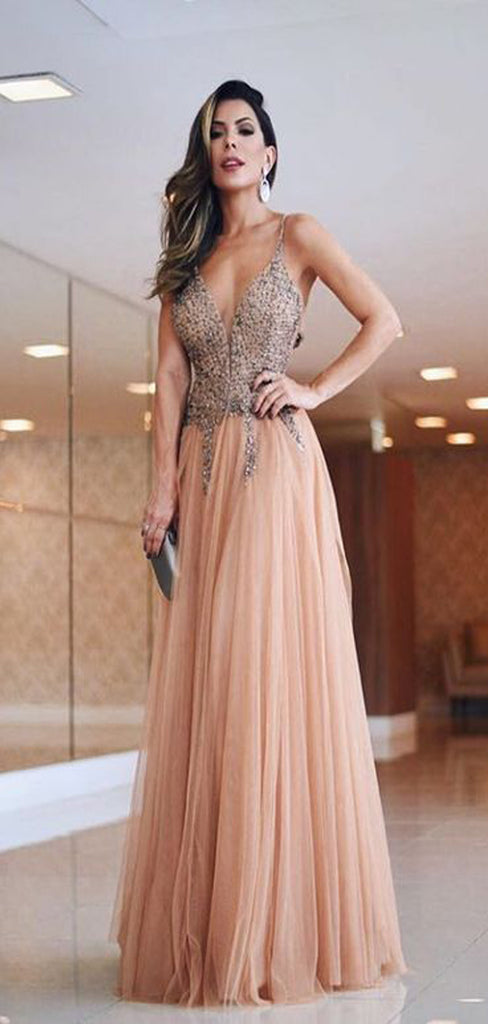 Spaghetti Strap Beaded Top Tulle Formal Long Evening Prom Dresses, TYP1396