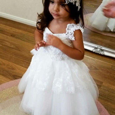 Cute Backless Ivory Tulle Lace Flower Girl Dress with Bow Knot, TYP1377