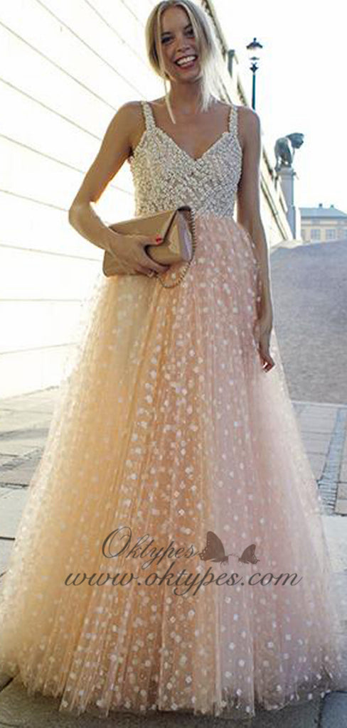 Blush Pink Charming A-line Spaghetti Strap V-neck Tulle Long Prom Dresses Gown, TYP1456