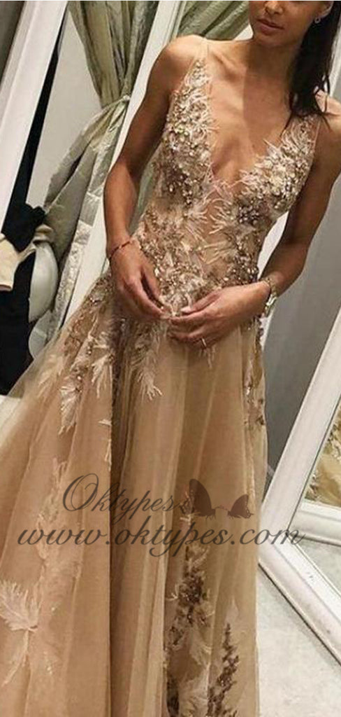 Deep V Neck Champagne Tulle Evening Prom Dresses With Feathers Beading, TYP1515