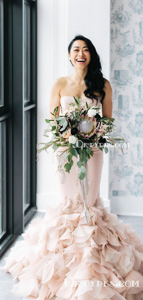 Sweetheart Sleeveless Long Mermaid Pink Tulle Cute Charming Cheap Wedding Dresses, TYP2066