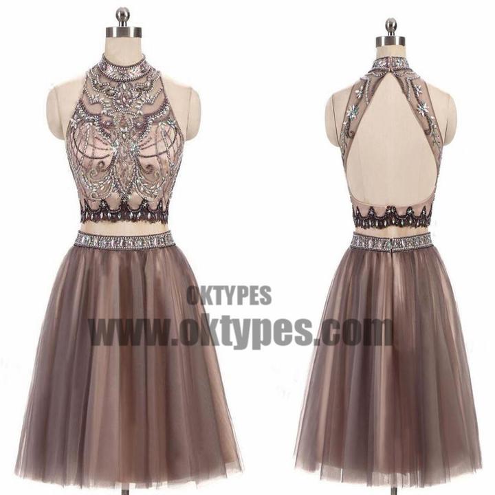 2 Pieces High Neck Rhinestone Beaded Tulle Homecoming Dresses, Short Prom Dresses, TYP0619