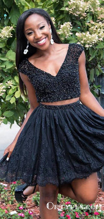 Two Piece V-Neck Black Lace Cocktail Homecoming Dresses With Beaded, TYP2011