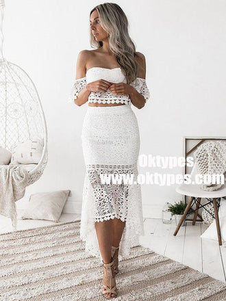 Two Piece Off-the-Shoulder White Lace Homecoming Party Dresses, TYP0964