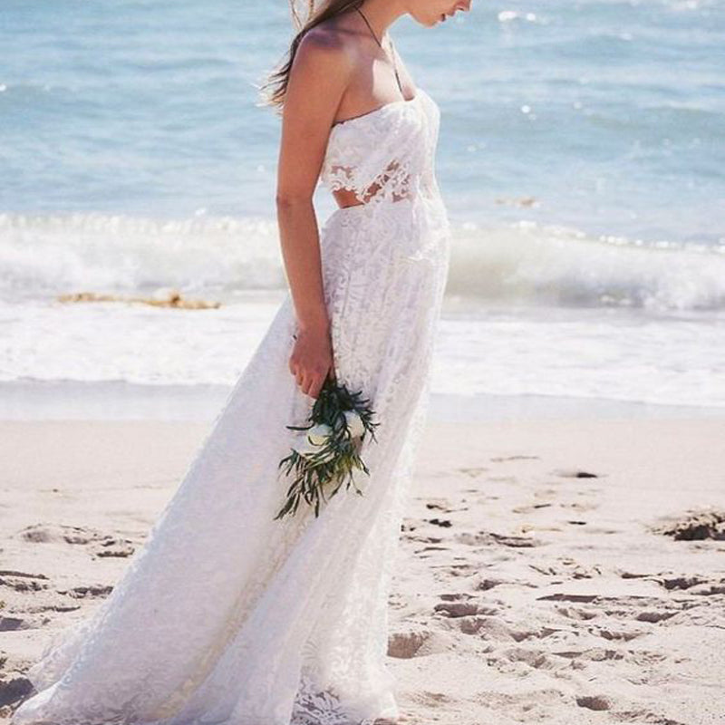 Two Piece Strapless Floor-Length Lace Beach Boho Cheap Wedding Dresses, TYP1018