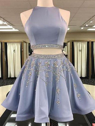 Grey Two Pieces Hatler Beaded Cheap Short Homecoming Dresses 2018, CM555