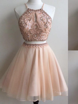 Halter Beaded Cheap Two Piece Homecoming Dresses 2018, CM435