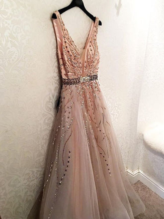 Gorgeous Unique Modest Fashion Young V-neck Neckline A-line Prom Dresses With Beads, TYP1192