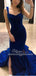 Charming Royal Blue Velvet Mermaid Prom Dresses with Split, TYP1608