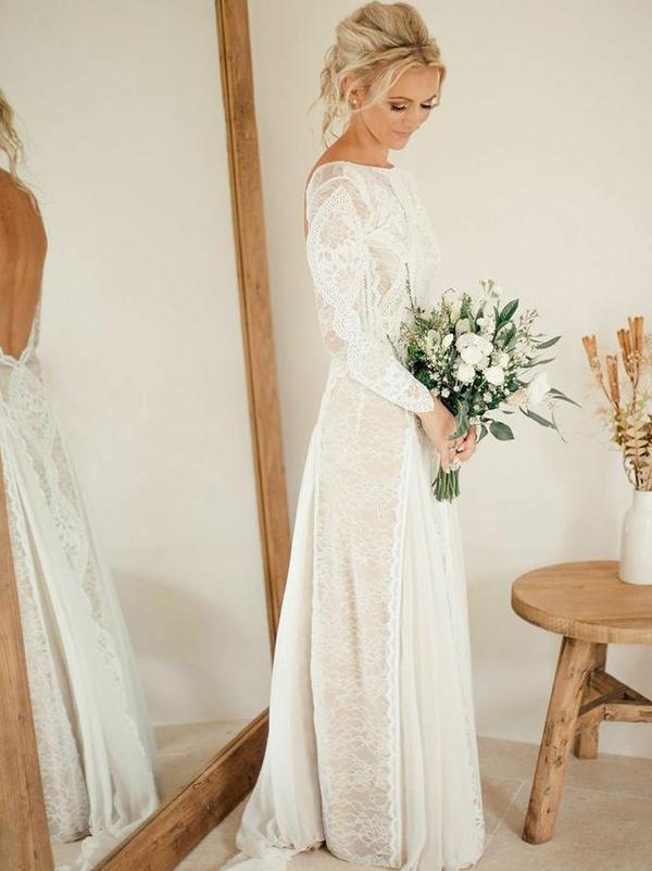 Long Sleeve Ivory Lace See Through Backless Boho Wedding Dresses, TYP1245