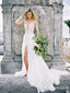 Charming V-neck Illusion Long Sleeves A-line Long Chiffon Lace Appliqued Front Slit Wedding Dresses, WDS0001