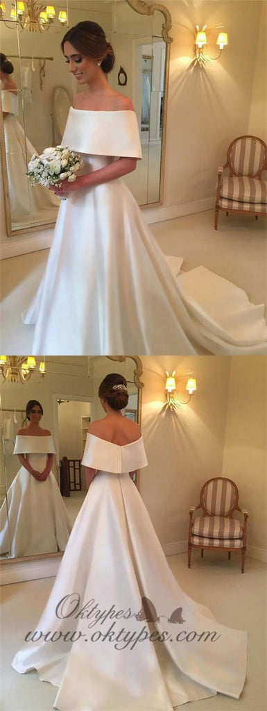 A-line Off the Shoulder Satin Cheap Simple Bridal Wedding Dresses, TYP1213