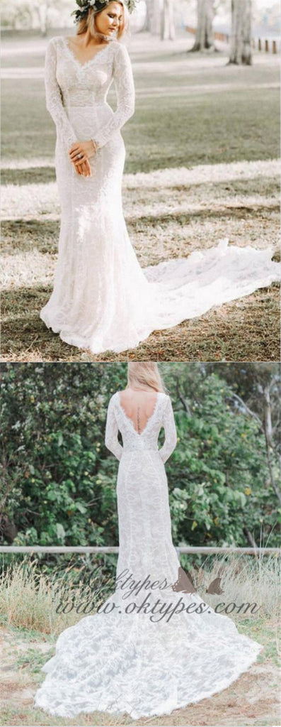 Mermaid V-Neck Long Sleeves Lace Wedding Dresses Online, TYP1324