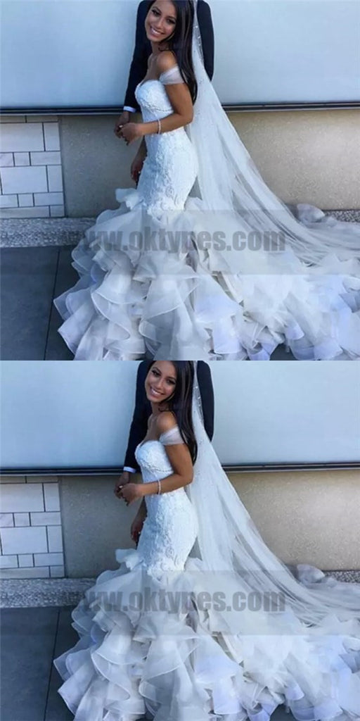 Lace Off-shoulder Sweetheart Long Mermaid Wedding Dresses With Ruffles, TYP0756