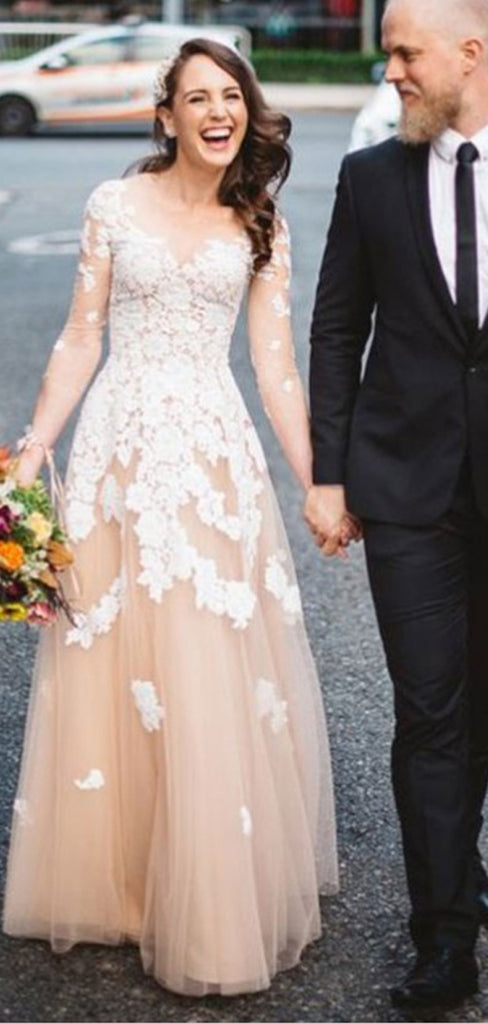 A-Line Scoop 3/4 Sleeves Champagne Tulle Wedding Dresses with Appliques, TYP1322