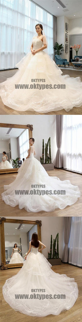 Two Straps Tulle Lace A line Long Tail Wedding Dresses, Custom Made Long Wedding Gown, Cheap Wedding Gowns, TYP0598