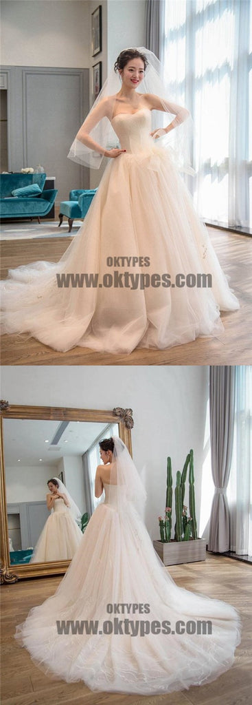 Strapless Simple Tulle A line Long Tail Wedding Dresses, Custom Made Long Wedding Dresses, Cheap Wedding Gowns, TYP0599