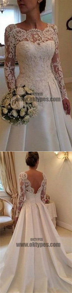 Long A-line Full Length Round Neck Long Sleeve Lace Top Satin Wedding Party Dresses, TYP0655