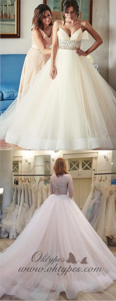 Stunning V-neck Sleeveless Long Cheap Ivory Wedding Dresses with Beading, TYP1325