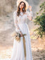 Long Sleeve Illusion Neck Lace A-line Long Cheap Wedding Dresses, WDS0048