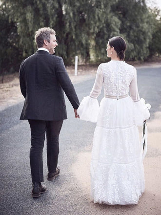 Long Sleeve High Neck Lace A-line Long Cheap Wedding Dresses, WDS0062