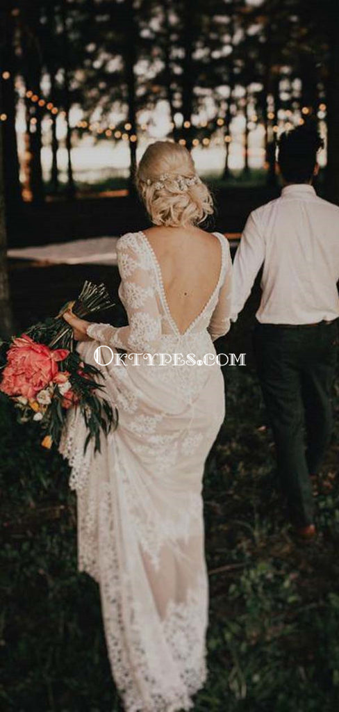 Long Sleeve Ivory Sheath Backless Lace Applique Country Wedding Dresses, TYP1241