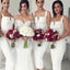 Sheath Square Neck Mid Calf Sleeveless White Satin Bridesmaid Dresses, TYP1317
