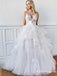 Romantic A-Line V Neck Open Back Tiered White Tulle Long Wedding Dresses, TYP1947