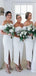 Simple Off-The-Shoulder White Satin Side Slit Tea-Length Cheap Bridesmaid Dresses, BDS0011