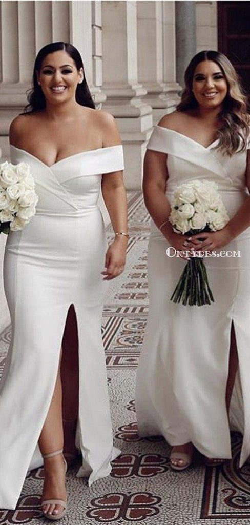 Off-The-Shoulder Charming Off-White Mermaid Side Slit Long Cheap Bridesmaid Dresses, BDS0029