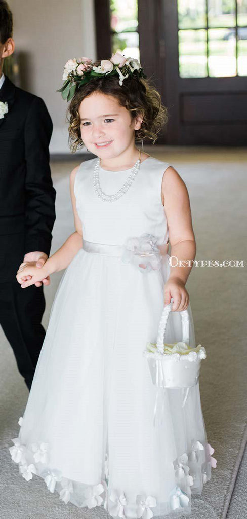 Cute Bateau Sleeveless White Tulle Long Cheap Charming Flower Girl Dresses, FGS0011