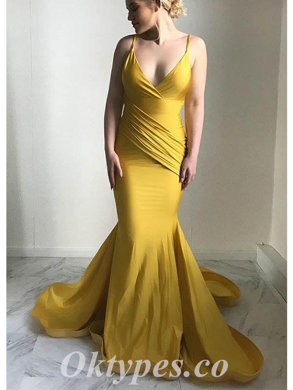 Sexy Satin Spaghetti Straps V-Neck Sleeveless Backless Mermaid Long Prom Dresses,PDS0672