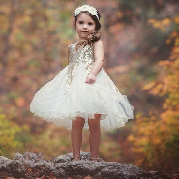 Lovely Ivory Tulle & Gold Short Cheap Sequin Flower Girl Dresses, TYP1047