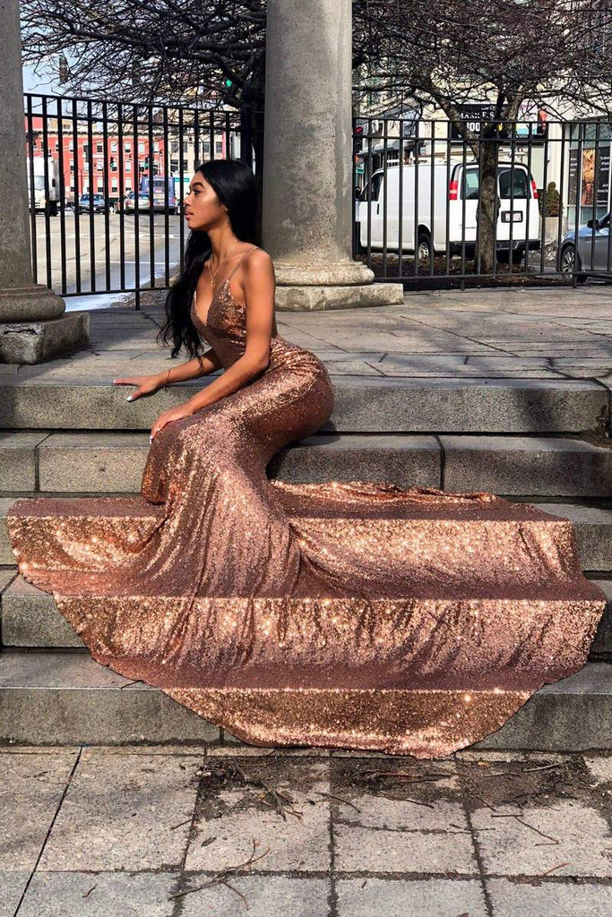 Spaghetti Straps Rose Gold Mermaid Evening Prom Dresses, Evening Party Prom Dresses, PDS0100