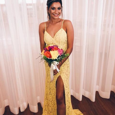 Elegant Yellow Lace Long Cheap Evening Prom Dresses With Slit, TYP1727