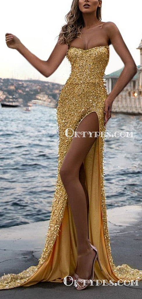 Sweethert Sparkly Yellow Sequin Sleeveless High Side Slit A-line Long Cheap Evening Prom Dresses, TYP2101