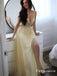 Yellow Tulle V Neck Appliques Long Cheap Prom Dresses With Side Split, TYP1818
