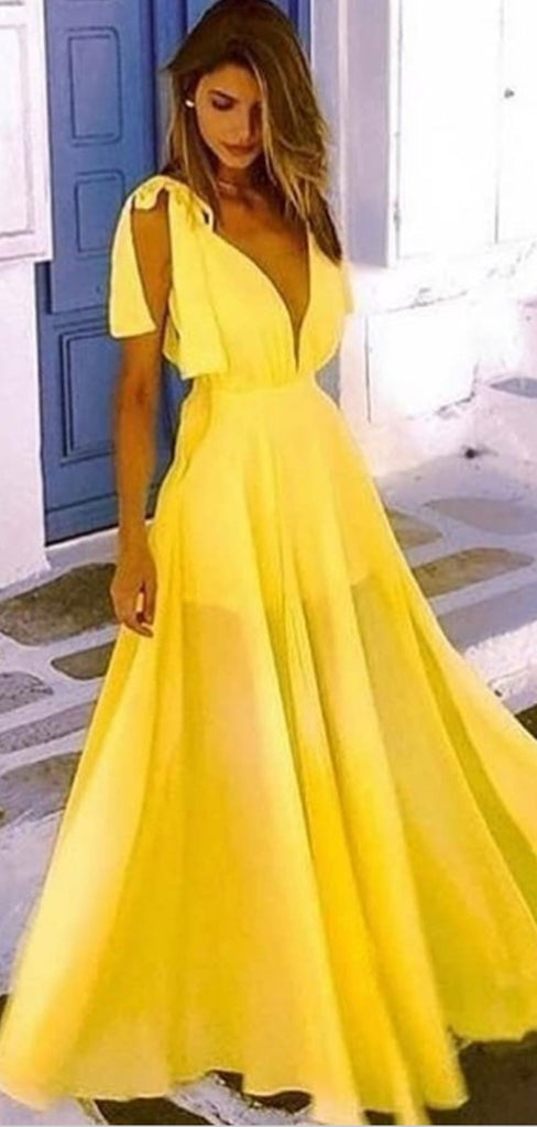 A-Line V-Neck Low Cut Long Cheap Yellow Chiffon Prom Party Dresses Online, TYP1294