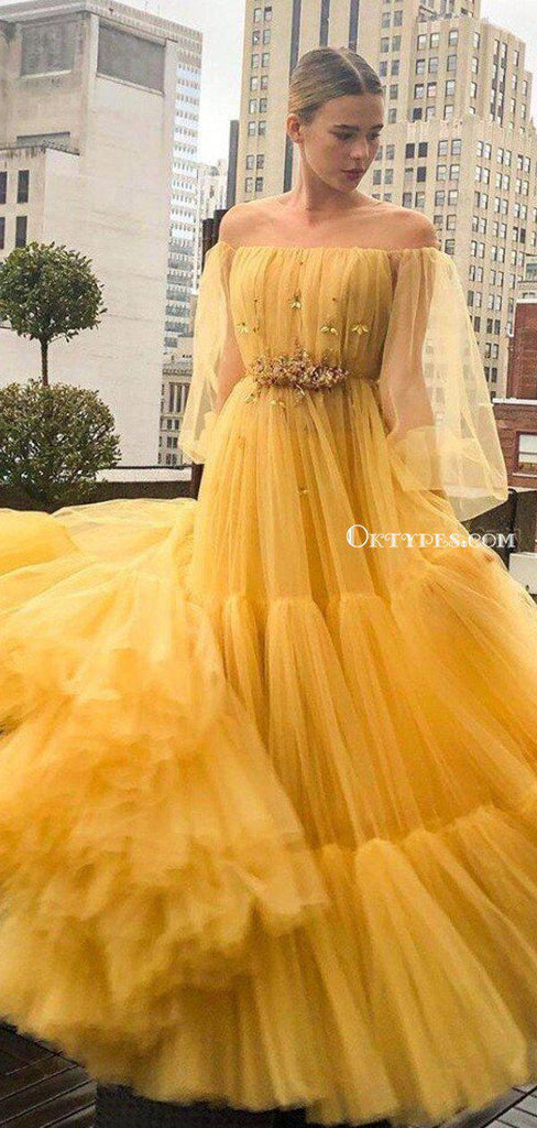 Off-The-Shoulder Yellow Beaded Long Sleeves A-line Long Cheap Tulle Formal Evening Gowns, Prom Dresses, PDS0070