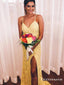 Elegant Yellow Lace Long Cheap Evening Prom Dresses With Slit, TYP1727