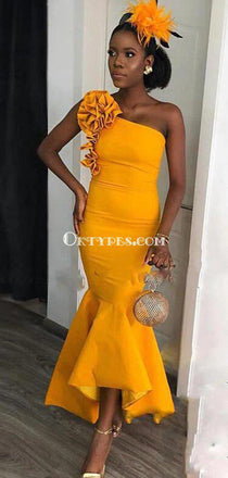 One Shoulder Yellow Mermaid Long Cheap Bridesmaid Dresses, BDS0079
