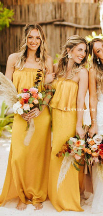 Strapless Yellow Elastic Silk A-line Long Cheap Charming Bridesmaid Dresses, BDS0036